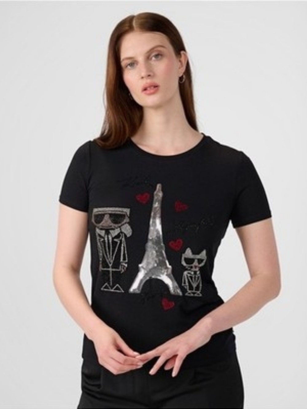 Karl Lagerfeld Paris Embellished Tee - Karl & Choupette Eiffel Tower - XS - #214